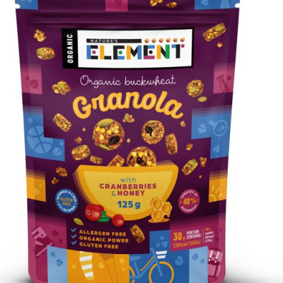 Ekologiška grikių granola su medumi ir spanguolėmis