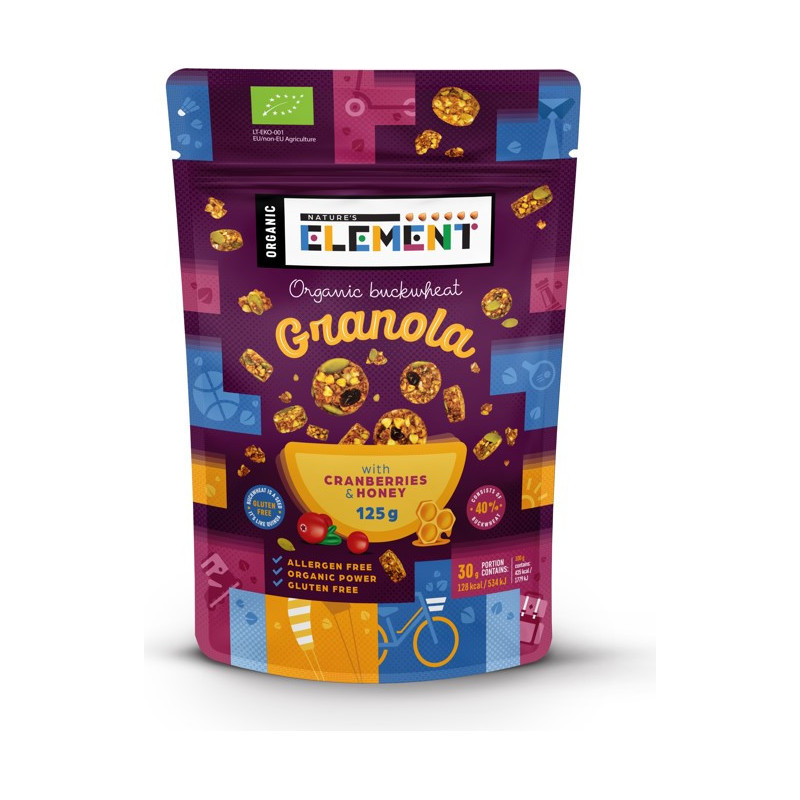 Ekologiška grikių granola su medumi ir spanguolėmis