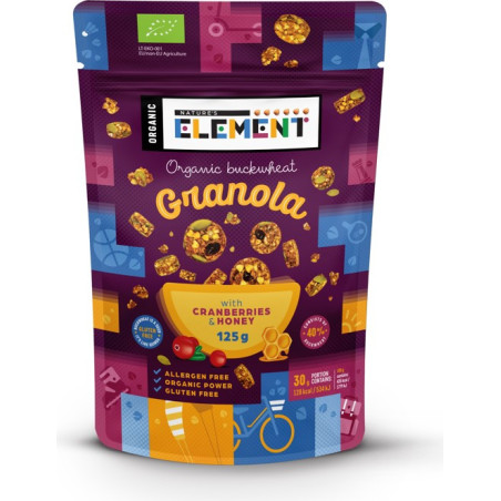 Ekologiška grikių granola su medumi ir spanguolėmis