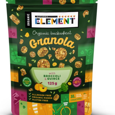 Ekologiška grikių granola su brokoliais ir svarainiais