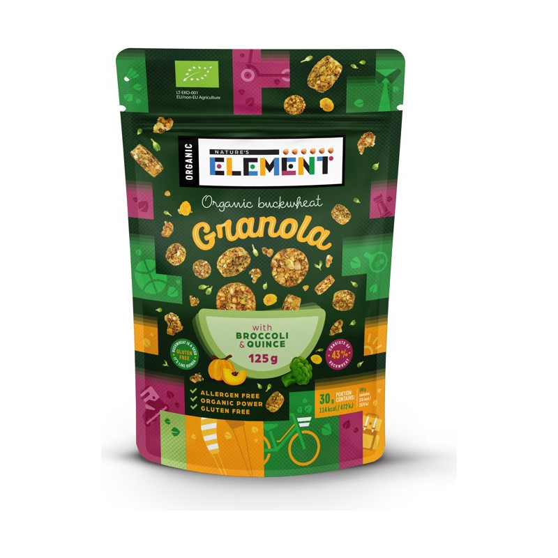 Ekologiška grikių granola su brokoliais ir svarainiais