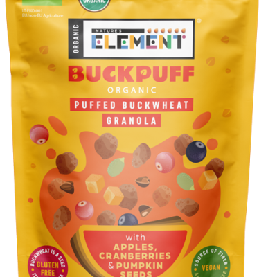 Ekologiška pustų grikių granola su obuoliais ir spanguolėmis