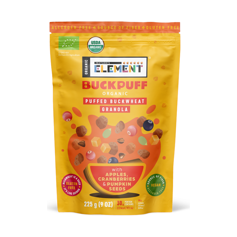 Ekologiška pustų grikių granola su obuoliais ir spanguolėmis