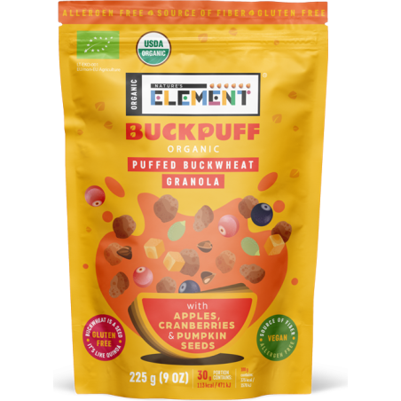 Ekologiška pustų grikių granola su obuoliais ir spanguolėmis