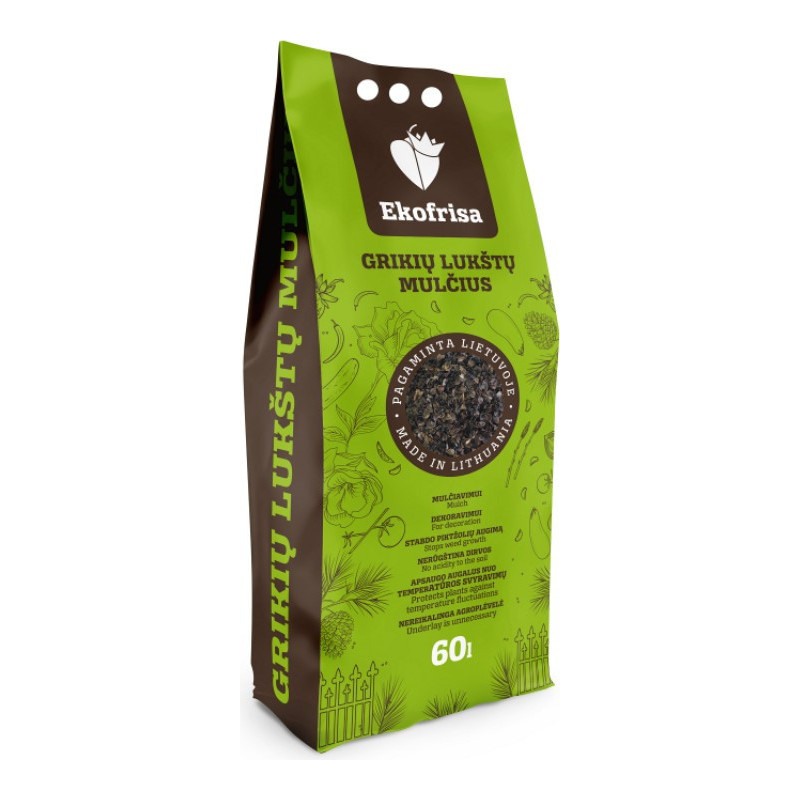 Grikių lukštų mulčias 60 L – natūralus sodo mulčias