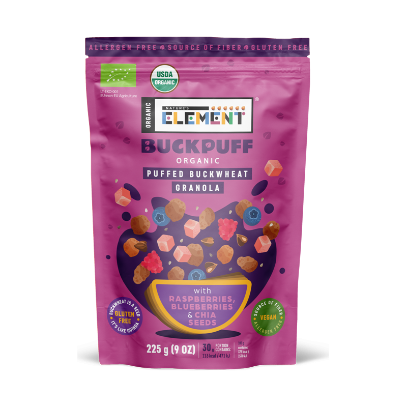 Ekologiška pustų grikių granola su miško uogomis