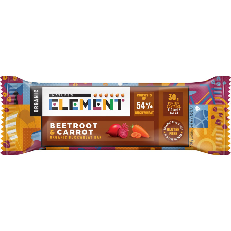Organic buckwheat bar with beetroot and carrot