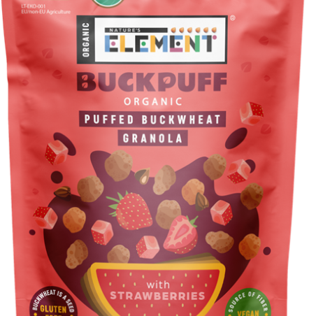 Ekologiška pustų grikių granola su braškėmis