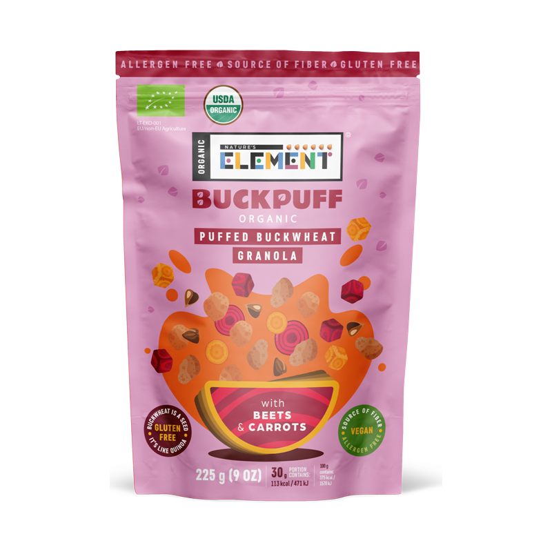 Ekologiška pustų grikių granola su morkomis ir burokėliais